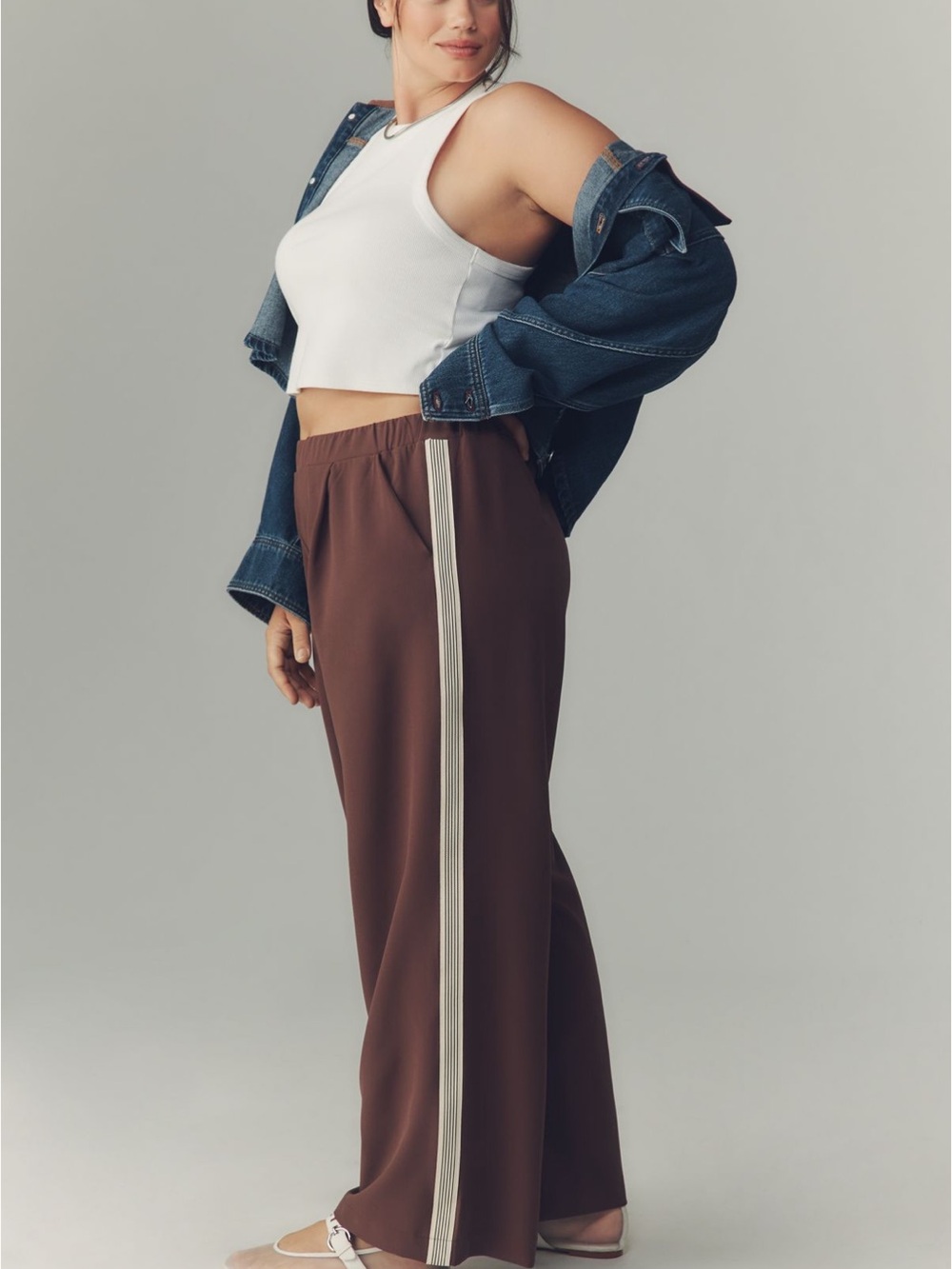 Anthropologie Maeve Wide-Leg Brown Lounge Track Pants with Side Stripe - Picture 2 of 6